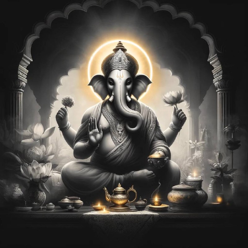 Ganesha in still meditation above a golden tea altar — the sacred journey